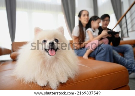 Happy family sitting on couch with their dog in foreground at home in the living room.