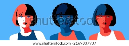 Female avatars of different nationality, full face portraits. European, African and Asian girls in summer clothes. Vector illustration