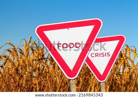 Food crisis concept. Two red road signs. Defocus blank empty triangle red warning road sign on nature background. Hunger problems. Human disaster. Europe economy. World sanctions Design. Out of focus.