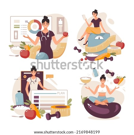 Nutritionist concept. Weight loss program and diet plan. Diet therapy with healthy food and physical activity. Flat vector illustration
 Royalty-Free Stock Photo #2169848199