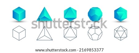 Set of blue vector editable 3D platonic solids isolated on white background. Mathematical geometric figures such as cube, tetrahedron, octahedron, dodecahedron, icosahedron. Icon, logo, button. Royalty-Free Stock Photo #2169853377