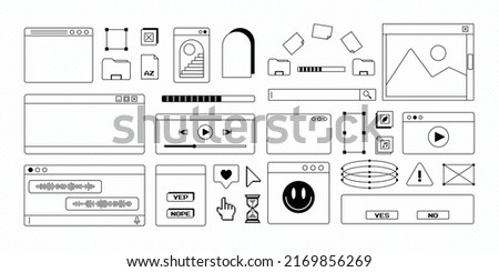 Old computer browser message windows in 90s vaporwave style with y2k stickers. Retro pc desktop dialog window template boxes and popup user interface elements, Monochrome vector illustration of UI