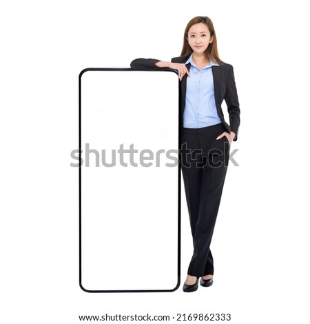 Business woman leaning on huge cellphone with blank white screen,  recommending great new app or website for smart phone