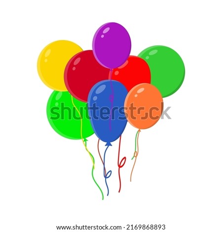 Color rubber flying cartoon balloons with strings. Set isolated on white ballons. Vector stock illustration.