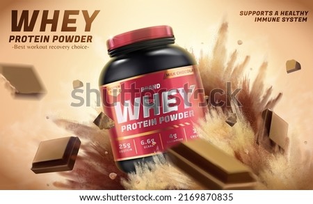 Whey protein powder banner ad. 3D Illustration of whey protein powder jar with explosion effect and chocolate pieces flying. Bodybuilding food supplements product promotion Royalty-Free Stock Photo #2169870835