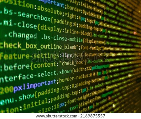 Python programming developer code. Web programming and bracket technology background. Blurred screen with selective focus. Close up of random computer code comprised of numbers and letters