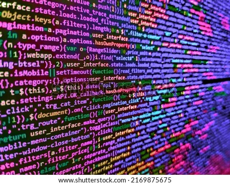 Programming Javascript on laptop computer screen. Modern application Source abstract algorithm concept. Programming of Internet website