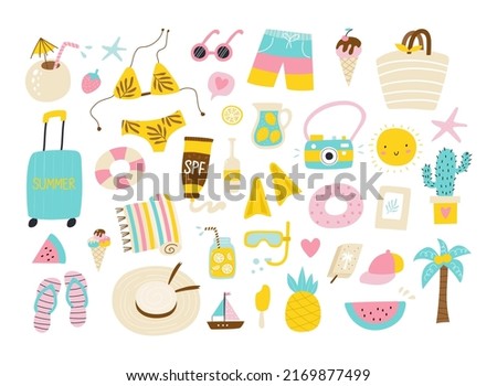 Summer set with hand drawn beach elements. Vector illustrations
