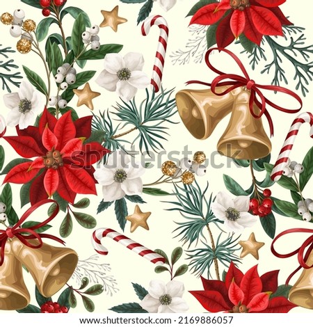 Seamless pattern with Christmas botanical plants, flowers and bells. Textile or wallpaper print