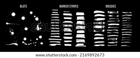 White ink brush strokes vector set. Freehand dry brush lines, marker stripes and dirty blots. Grunge style brushes isolated on black background