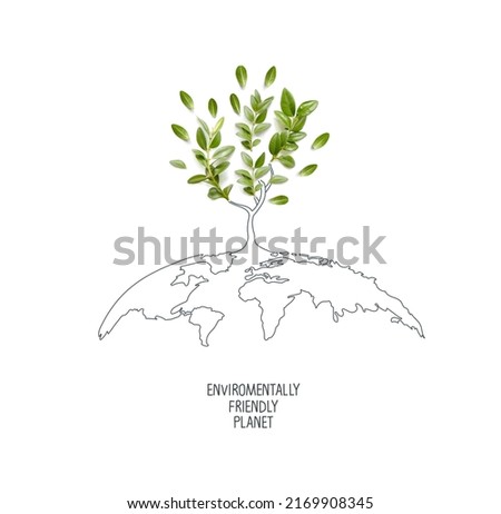 Environmentally friendly planet. Symbolic tree made from green leaves and branches with sketches map of the world. Minimal nature concept. Think Green. Ecology Concept. Top view. Flat lay. Royalty-Free Stock Photo #2169908345