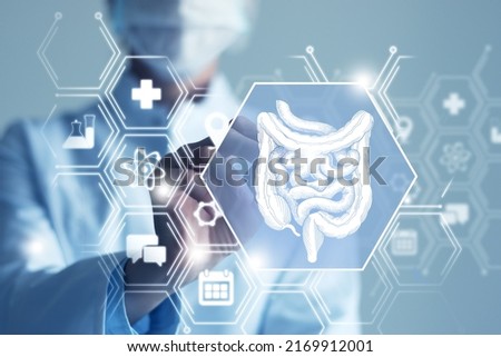 Telemedicine and human Intestine recovery concept. Neutral color palette, copy space for text. Royalty-Free Stock Photo #2169912001