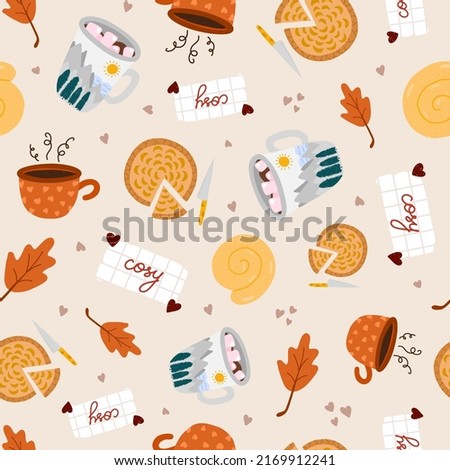 Cozy and hygge vector seamless hand drawn pattern with hygge autumn clip arts of seasonal clothes, food and drinks, decor. Can be used for, wrapping paper, bedclothes, notebook, packages, gift paper.