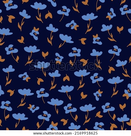Simple vintage pattern. Blue flowers and golden leaves . dark blue background. Fashionable print for textiles and wallpaper.