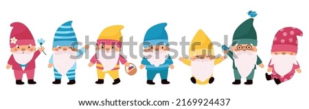 Cute cartoon seven dwarfs for Snow White fairy tale. Kawaii garden gnomes on white background. Christmas gnomes. Vector flat illustration. Royalty-Free Stock Photo #2169924437