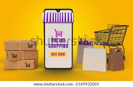 Shopping Online on cellphone or Mobile application 3d render. Marketing and Digital marketing technology internet of things on smartphone concept.