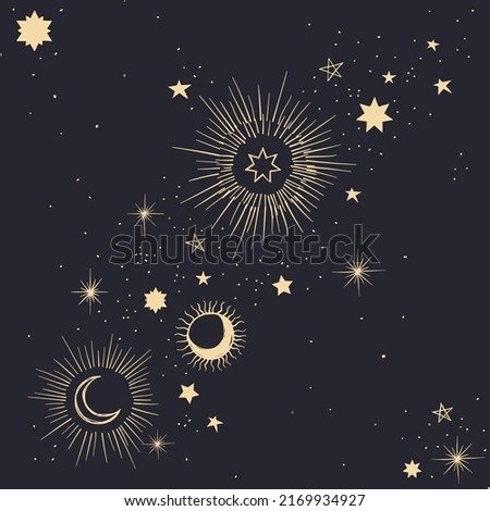 Celestial seamless vector pattern with constellations, moons and stars. Gold decorative ornament. Graphic pattern for astrology, esoteric, tarot, mystic and magic. Magic seamless pattern. Royalty-Free Stock Photo #2169934927