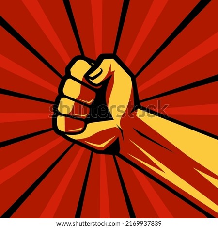 Raised fist on a red background.