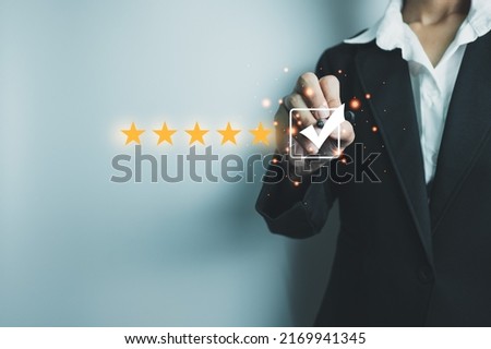 Customer satisfaction assessment rating 5 stars online, User has received excellent service, Review the highest rated service, the best attention, impressed very good service, feedback from guest Royalty-Free Stock Photo #2169941345