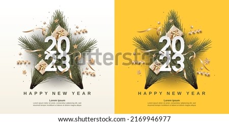Happy New Year 2023. Set of celebrate party 2023 on white and yellow background. Festive realistic decoration new year and Christmas background Royalty-Free Stock Photo #2169946977