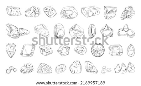 Collection of monochrome illustrations of precious and ordinary stones in sketch style. Hand drawings in art ink style. Black and white graphics. Royalty-Free Stock Photo #2169957189