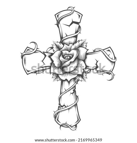 Tattoo of Stone Cross and Rose Flower isolated on white.
Vector illustration.