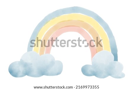Watercolor simple Rainbow with clouds. Simple drawing for Childish design. Cute painting for Kids in Pastel colors