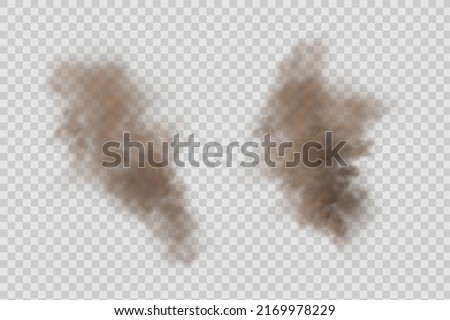 Dust cloud with  dirt,cigarette smoke, smog, soil and sand  particles. Realistic vector isolated on transparent background. Concept house cleaning, air pollution,big explosion,desert sandstorm.
