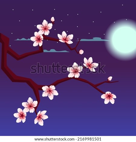 Sakura branch with blooming flowers against the background of the night sky with the moon