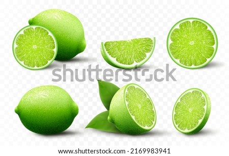 Set of fresh Lime. Whole, half, cut slice lime fruits isolated on transparent background. Summer citrus for healthy lifestyle. Organic fruit. Realistic 3d Vector illustration for any design. Royalty-Free Stock Photo #2169983941