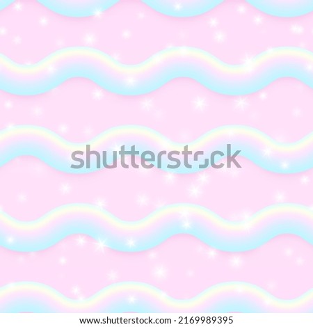 Shiny Univorn Seamless Pattern. Wavy Holographic Lines. White Sparkles. Abstract Pastel Background. Vector Illustration. Royalty-Free Stock Photo #2169989395