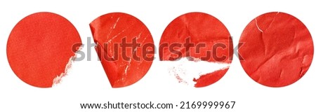 four red damaged round stickers on a white isolated background