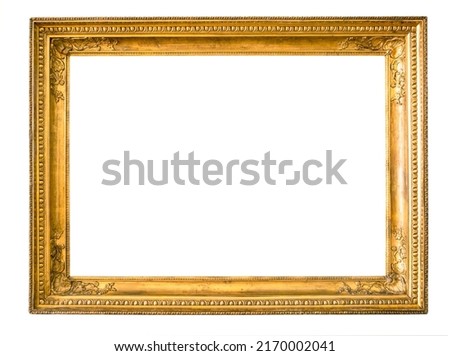 blank horizontal old ornamental golden picture frame cutout on white background