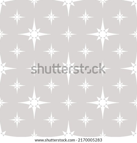 Vector geometric texture with big and small stars, diamonds, floral silhouettes. Abstract seamless pattern. Simple minimal background. Light gray color. Subtle repeat geo design for decor, wallpaper