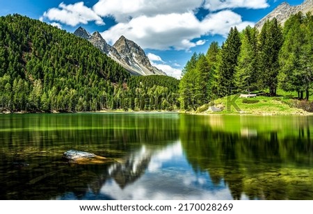 The surface of a mountain lake. Beautiful mountain lake. Mountain lake landscape. Mountain forest lake view Royalty-Free Stock Photo #2170028269