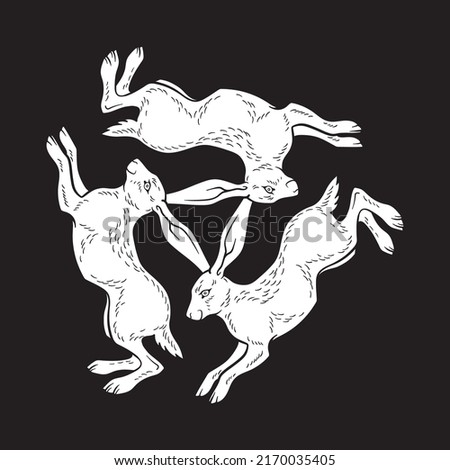 Three hares with three ears medieval magic symbol of fertility isolated. Sticker, print or tattoo design vector illustration. Pagan totem, wiccan familiar spirit art Royalty-Free Stock Photo #2170035405