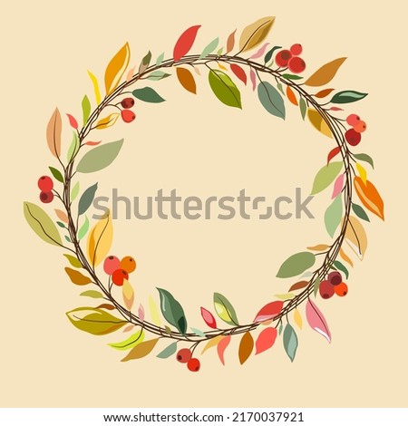 Wreath of berries and autumn mood of leaves, flat vector hand drawn image.