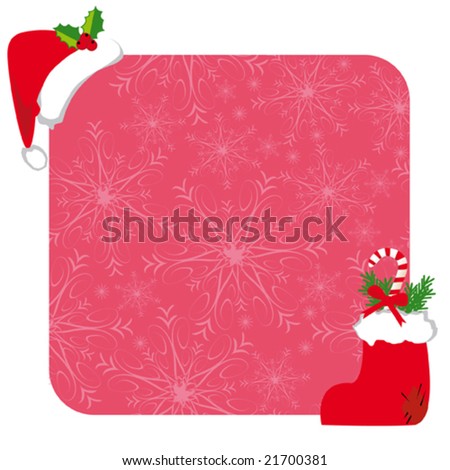 Christmas frame with hat of santa claus and snowflakes on pink background. Vector illustration