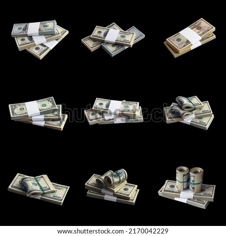 Big set of bundles of US dollar bills isolated on black. Collage with many packs of american money with high resolution on perfect black background color