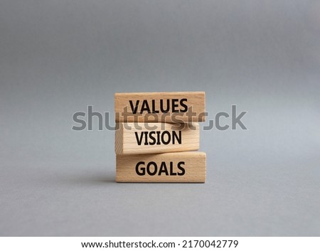 Values Vision Goals symbol. Concept words Values Vision Goals on wooden blocks. Beautiful grey background. Business and Values Vision Goals concept. Copy space.