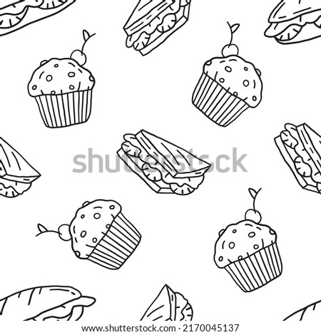 Sandwiches,cupcakes seamless pattern. Hand drawn line vector illustration.