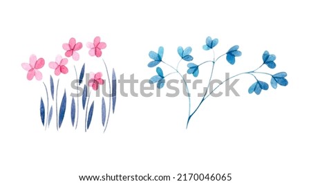 Watercolor set with pink and blue twigs with small leaves, small pink flowers. Nature, plants, foliage. Botanical illustration for fabrics, dresses, decor, postcards