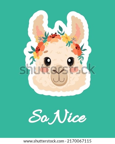 Cute alpaca lama head with flower crown. Design for nursery decoration, poster, birthday greeting cards, baby shower, textile printing. Vector cartoon children illustration 