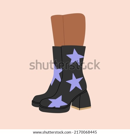 Poster with a pair of legs in boots for spring or autumn, high heels. Foot, feet. Cool design. Stylish footwear. Fashion and lifestyle. Hand drawn vector illustration in trendy colors. Flat design