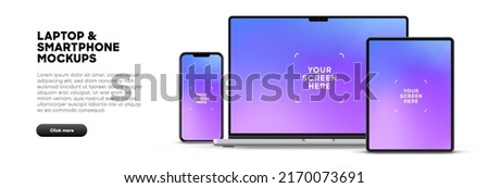 Modern laptop mockup front view and high quality smartphone and tablet mockup isolated on white background. Notebook mockup and phone device mockup for ui ux app and website presentation.Stock Vector. Royalty-Free Stock Photo #2170073691