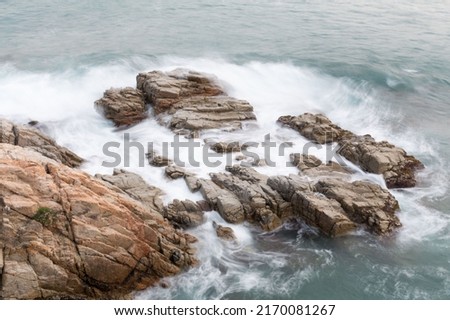 Rocks and cliffs on the Costa Brava in the Mediterranean Sea in northern Catalonia, Spain.