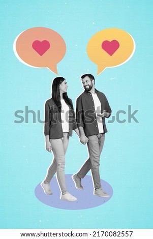 Vertical collage image of two partners guy girl black white effect hold arms walk speak think love heart symbol bubble