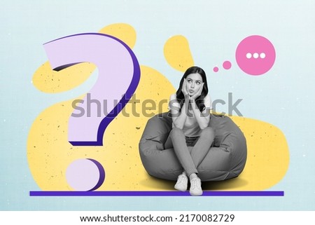 Creative collage picture of minded girl black white effect sitting bag thinking huge question mark symbol