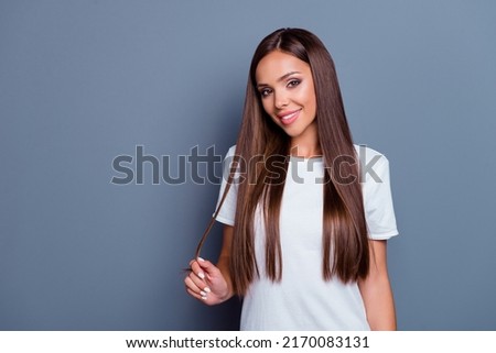 Photo of nice satisfied person hand touch play hair empty space blank isolated on grey color background