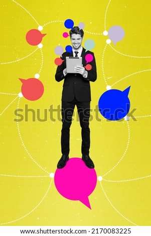 Vertical collage image of positive guy black white colors hold use tablet write message drawing dialogue bubbles